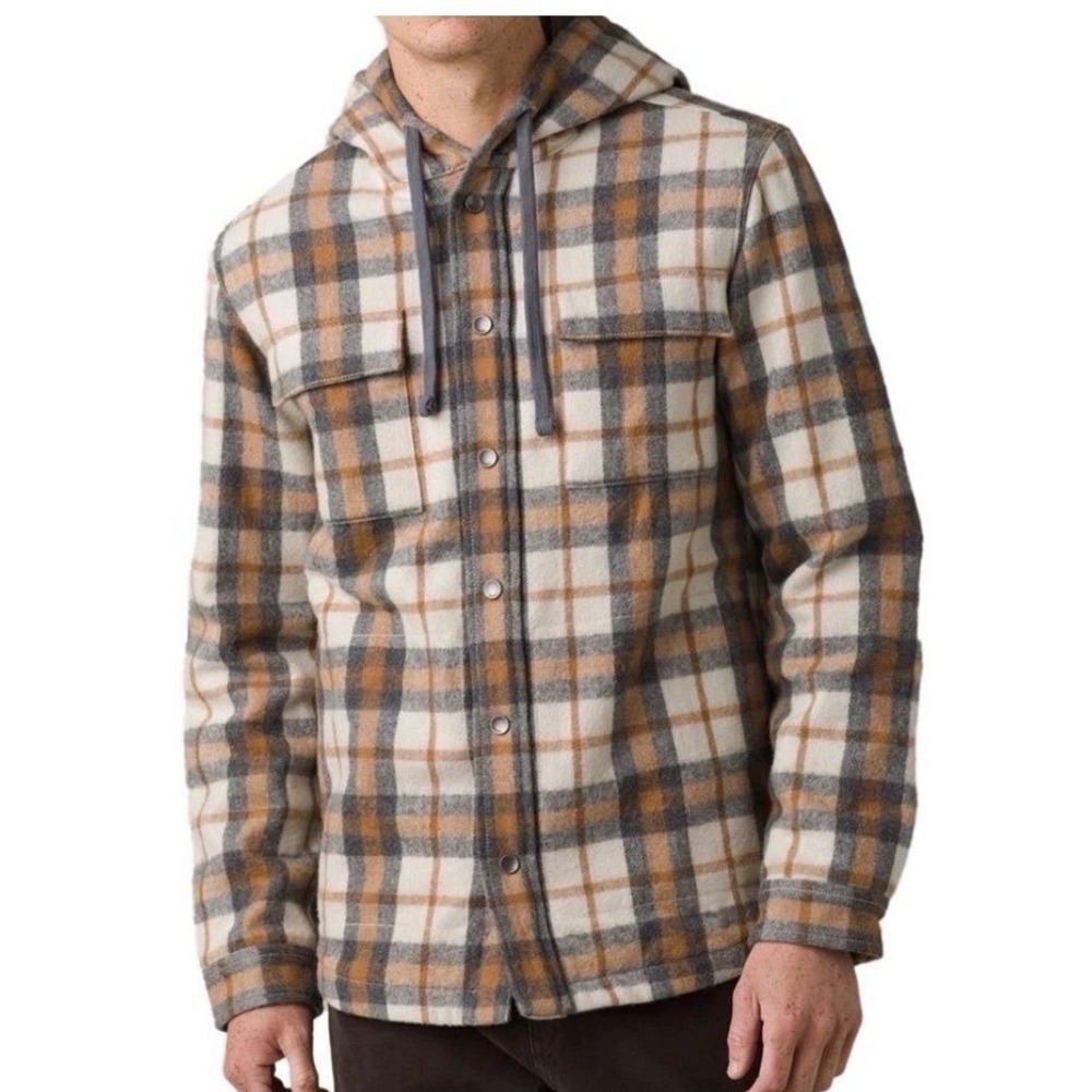 prAna Asgard Hooded Flannel Shirt Jacket Men Large Brown Plaid Wool Shacket $154